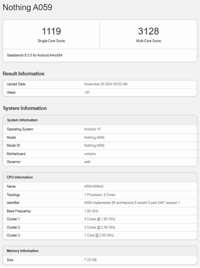 Nothing Phone 3 Spotted on Geekbench